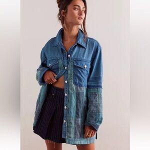 We The Free Heritage Quilted Shacket Blue Green Chambray Patchwork Size M